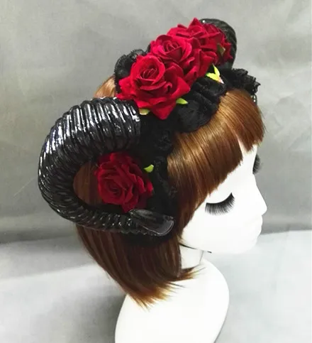 Gothic Sheep Horn Headdress Roses Headband Goth Beauty Horror Horns Halloween Black Veil Lace Retro Hair Accessories Vintage