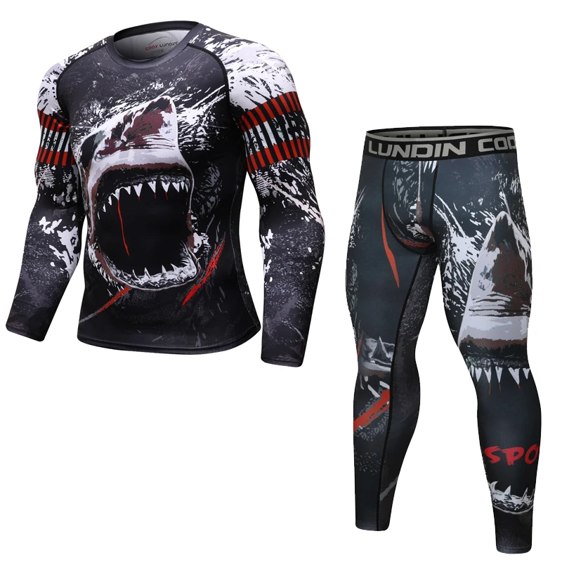 Fato de compressão masculino para fitness, camiseta e calça de manga comprida, terno esportivo MMA Rashguard, camiseta de musculação