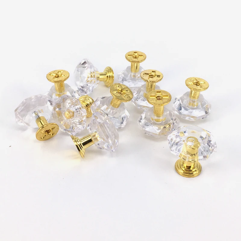 

25mm Diamond Shape Luxury Gold base Jewelry Box Pull Handle Mini Transparent Drawer Pulls Acrylic Cabinet Knobs