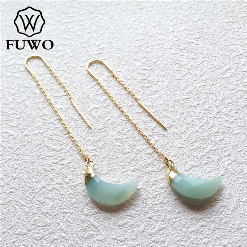 

FUWO Wholesale Natural Amazonite Stone Earrings,Golden Plated Crescent Threader Earring Jewelry For Women 5Pairs/Lot ER149