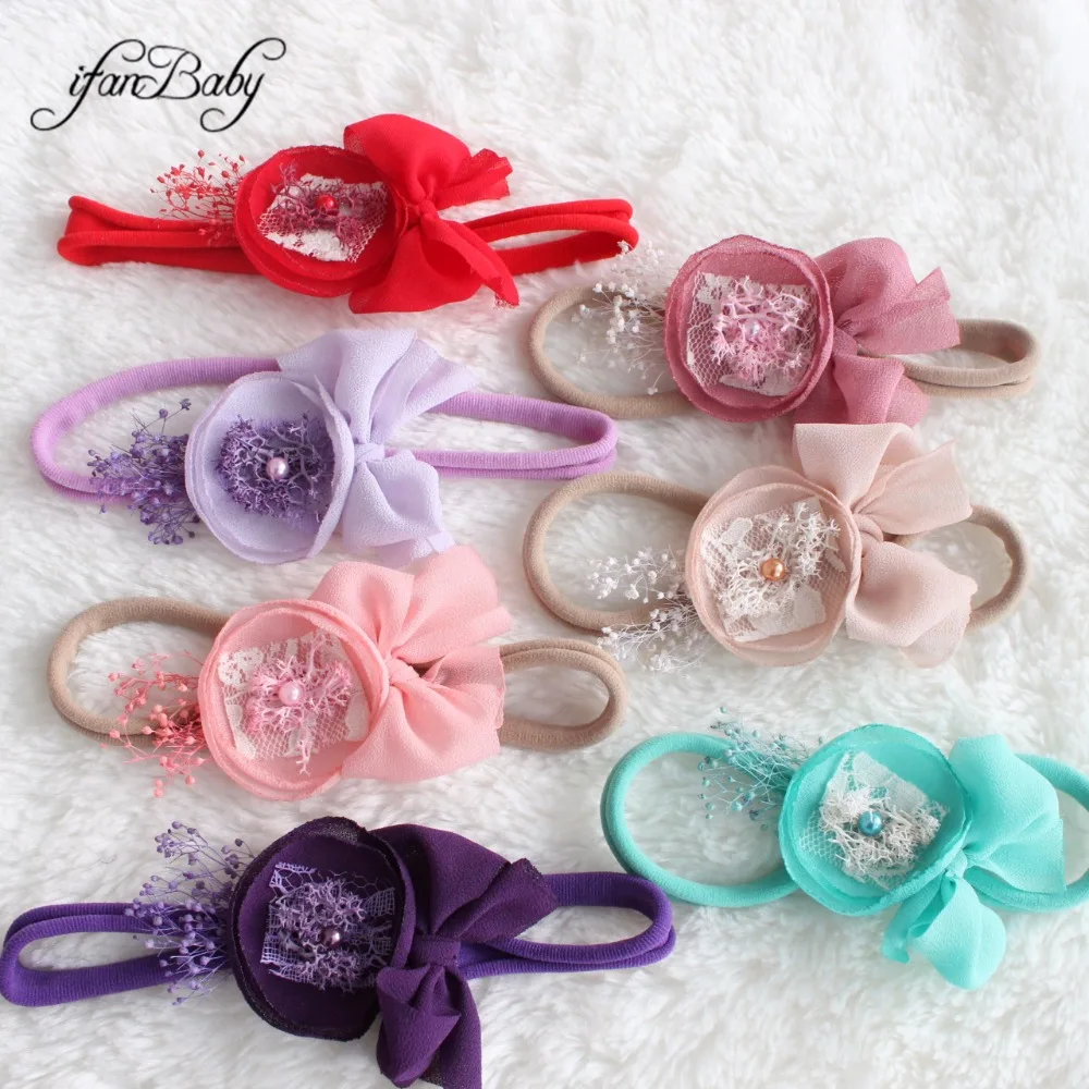 Boutique kids girl chiffon flower headwear elastic headband bow flower headband