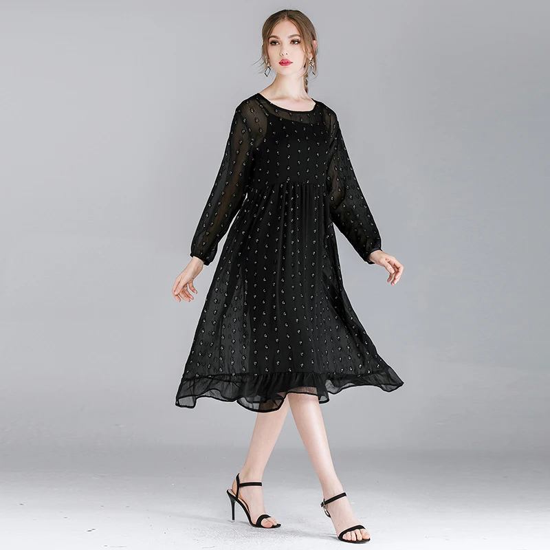 Women's Loose Chiffon Dress, High Waist, Round Neck, Long Sleeve, Elegant, Casual, Spring, Autumn, New, 2 Pcs