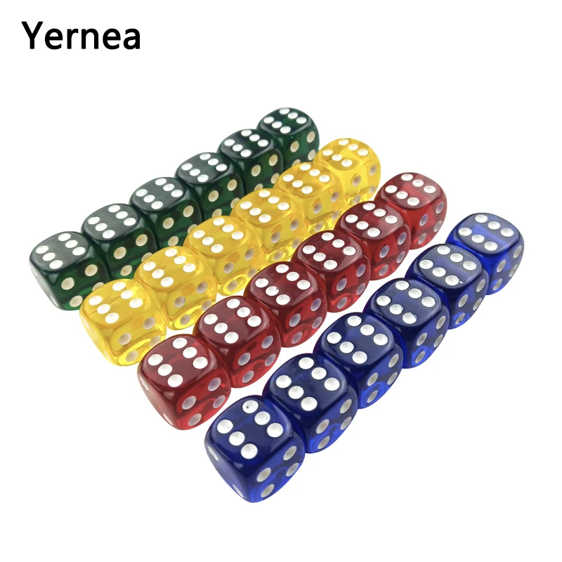 

Yernea Acrylic Dice 24Pcs Transparent Color 16mm White Point Dice Set Round Corner Four Color Hexahedron Table Games D6 Club