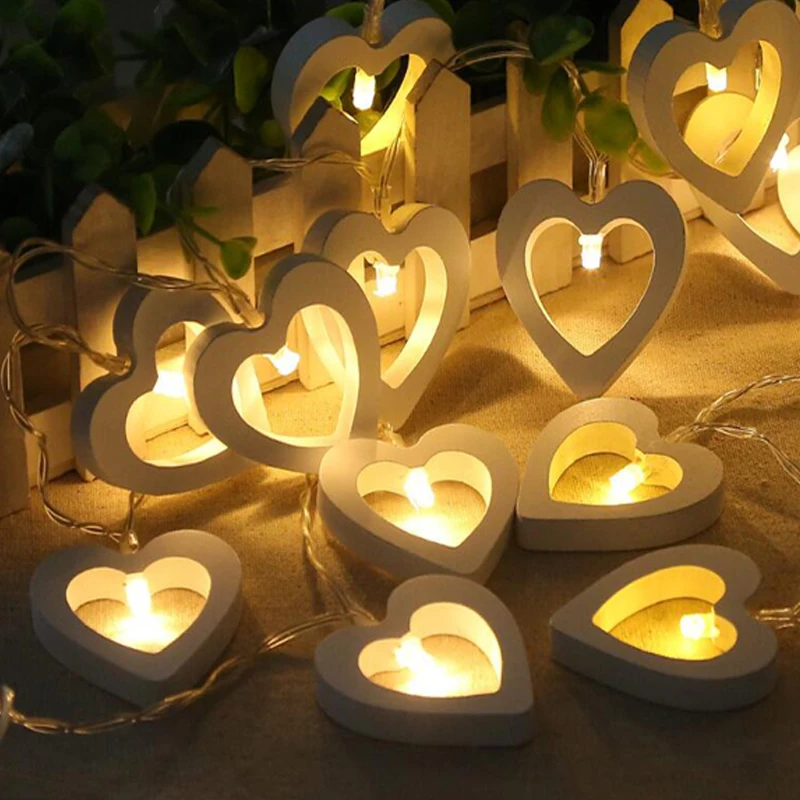 LED Light String Wooden Peach Heart-Shaped Fairy Lights AA Battery Powered For Indoor Bedroom Wedding Party Christmas 2.2M/20LED