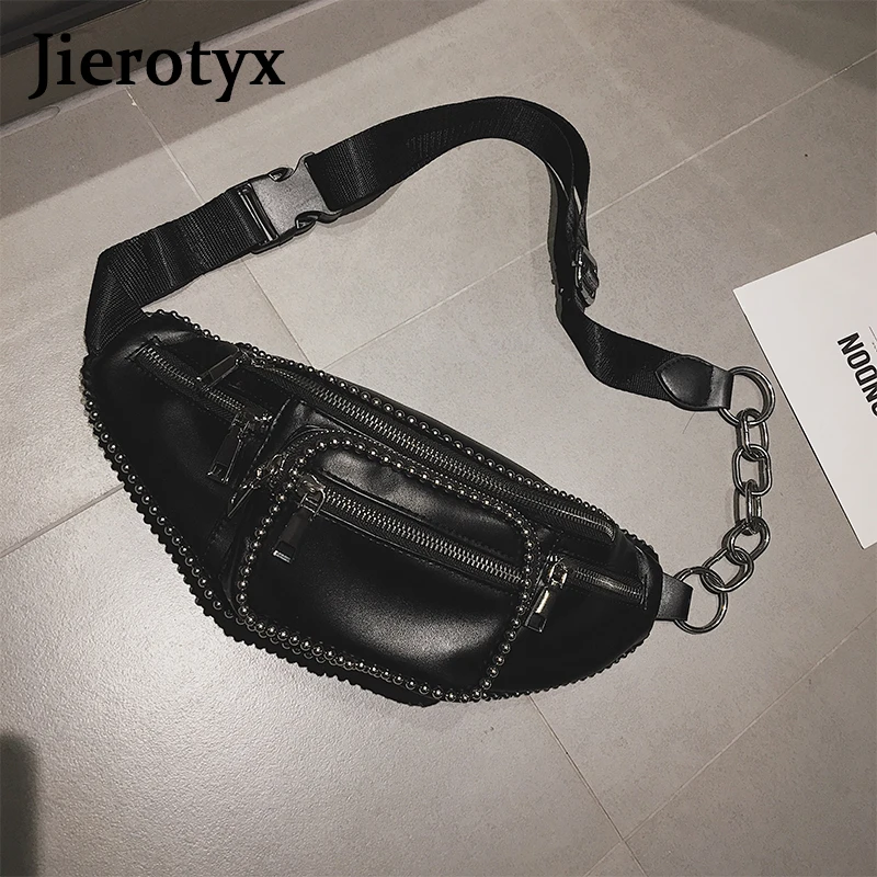 JIEROTYX Leather Waist Bag Women Luxury Brand Waist Fanny Packs Belt Bag Chest Handbag Black Color Sexy Rivets Punk Gothic