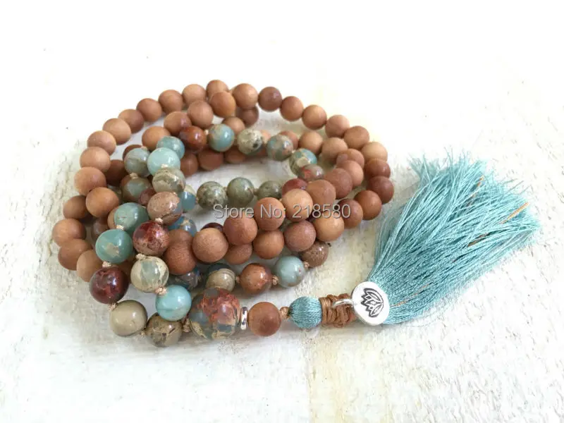 M60624017 Wood Beads  Knotted Seidiment Jaspers  Necklace Mint Silk Tassel  with Lotus Charm