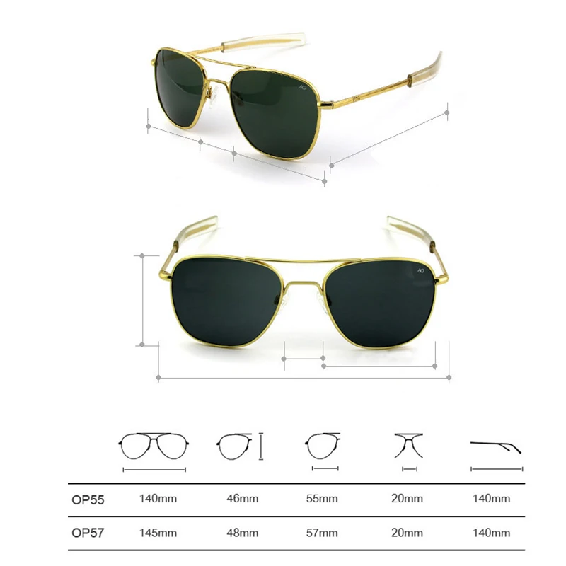 Pilot Sunglasses Men Tempered Glass Lens Top Quality Brand Designer AO Sun Glasses Male American Army Military QF559