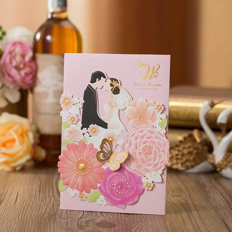 1pcs Pink Bride and Groom Laser Cut Wedding Invitations Card Elegant Greeting Card Envelope Customize Wedding Party Decoration