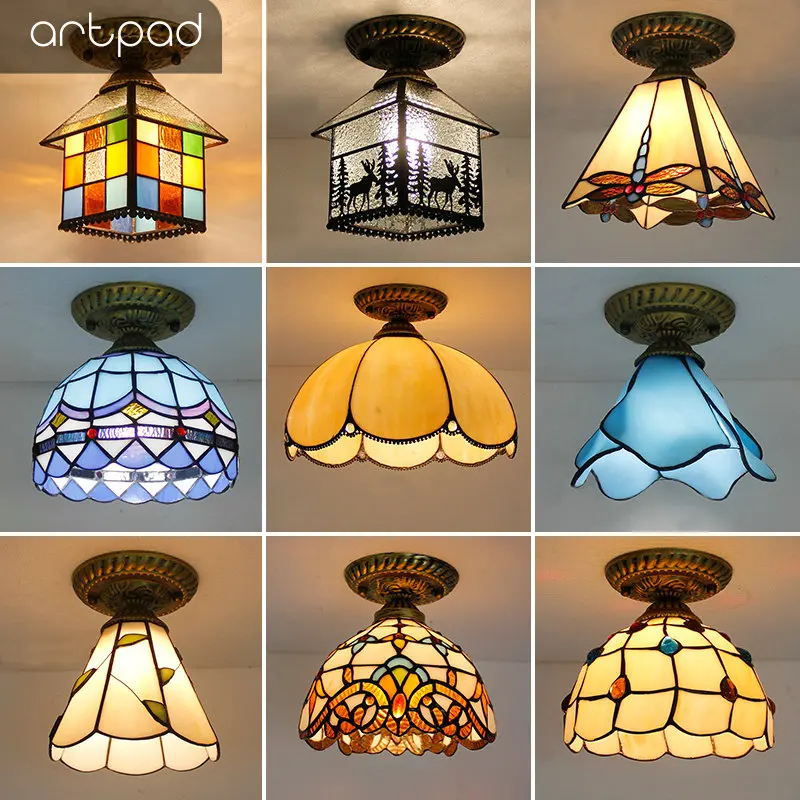 

Mediterranean Retro Vintage Turkish Ceiling Lamp E27 Bulb Handmade Mosaic Colorful Glass LED Corridor Balcony Entrance Light