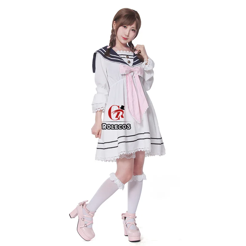 Preppy style Japanese Women Lolita Bowknot Chiffon Long Sleeve Dress JK Uniform Sailor Dresses Girls Party Princess Lace Dress