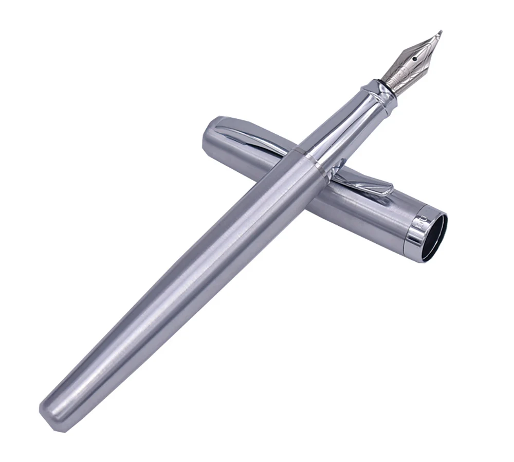 Duke 209 Steel Fude Calligraphy Fountain Pen Bent Nib , Pure Silver Color Writing Gift Pen for Painting / Office / Home
