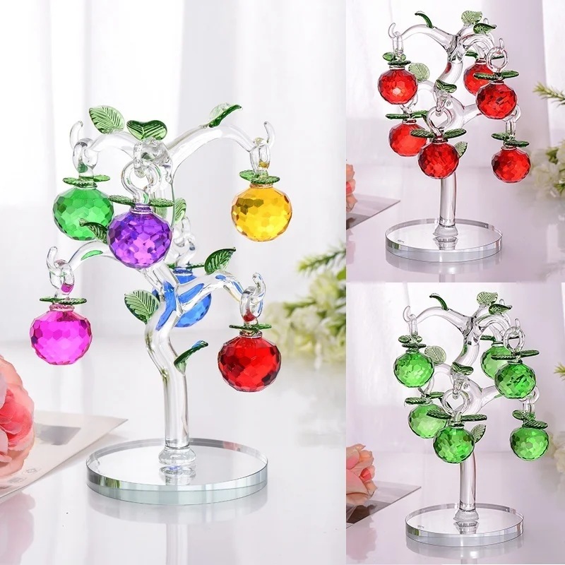 Glass Crystal Apple Tree with 6pcs Apples Fengshui Crafts Home Decor Figurines Christmas New Year Gifts Souvenirs Decor Ornament