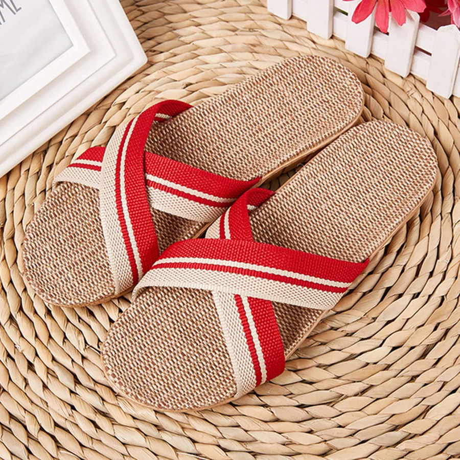 LCIZRONG New Linen Beach Slippers Men 35-45 Large Size Home Shoes Flip Flops Man Indoor Bathroom Slides Unisex Family Slippers