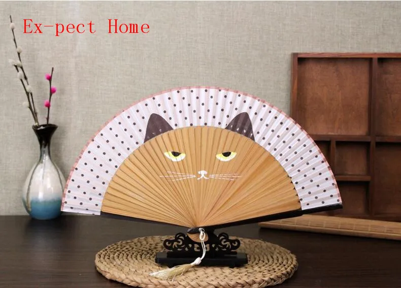 50pcs 21x38cm Vintage Japanese Bamboo Totoro Silk Hand Fan Cartoon Cat Painted Folding Fan Xmas Christmas Gift