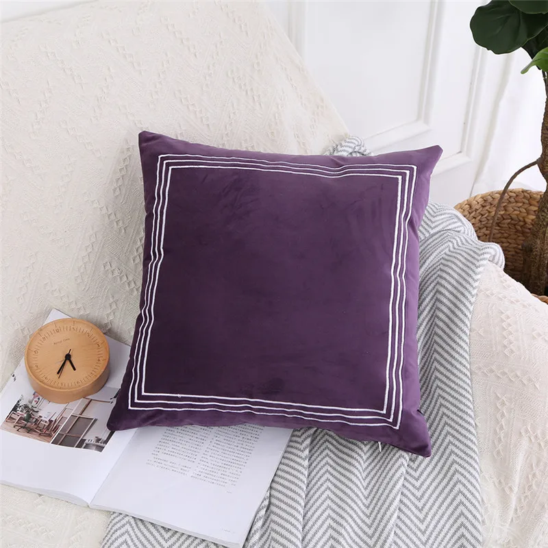 Solid Home Decorative Velvet Cushion Cover Vintage Embroidery Pink Purple Mint Grey Blue Pillow Case for Home Sofa Bed  45x45cm