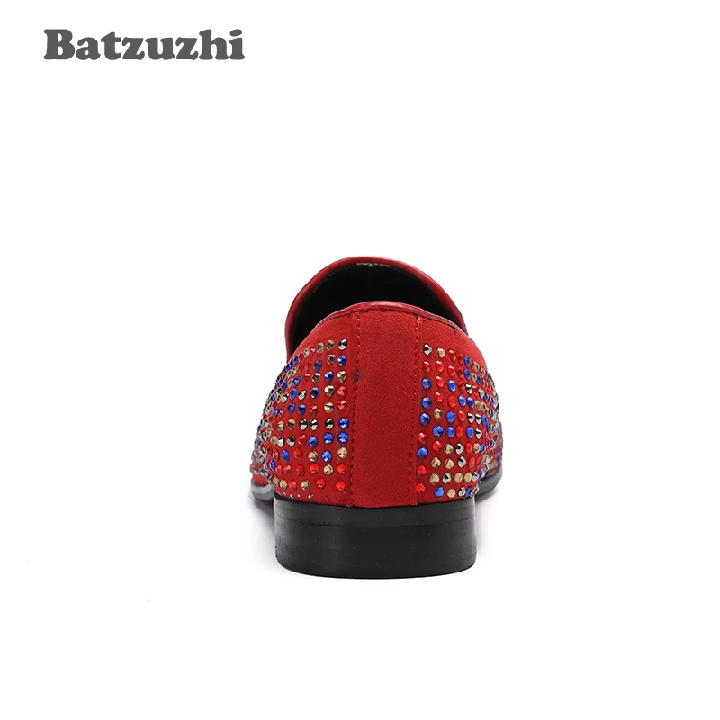 Batzuzhi Fashion Design Kiss Men Casual Flats Shoes Men Genuine Leather Shoes Loafers Red Rhinestones Party Wedding Shoes, 46