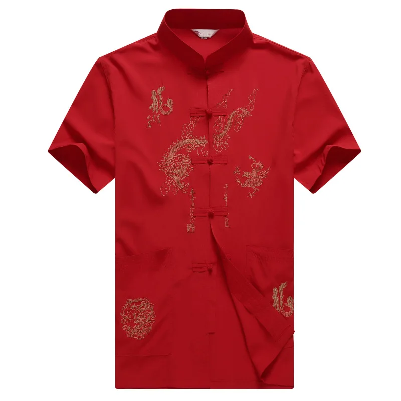 Mandarin Collar Men Traditional Tang Top Dragon Wing Chun Clothing Short Sleeve Kung Fu Shirt Chinese Style Clothes M-XXXL