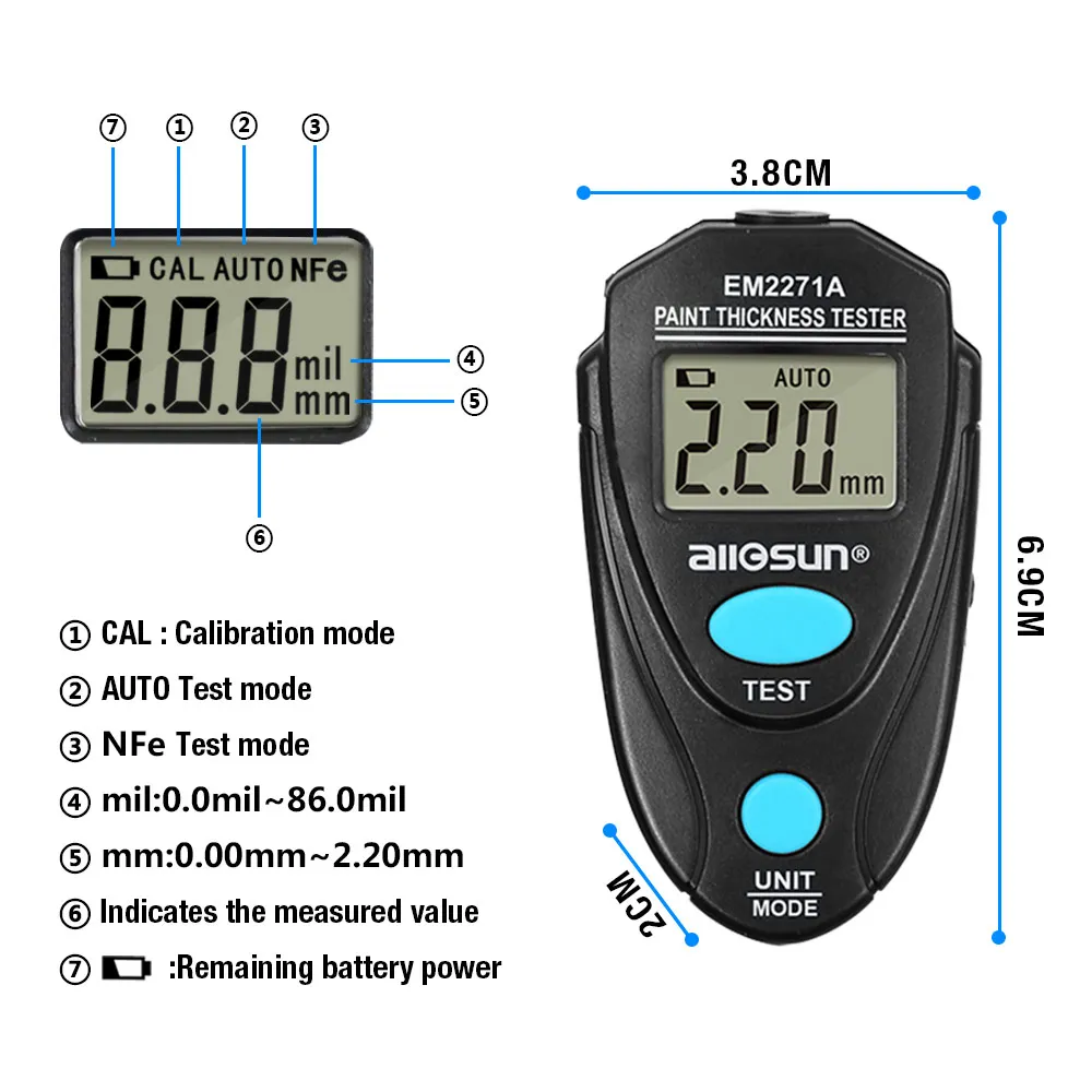 all-sun EM2271A Digital Thickness Gauge Coating Meter Fe/NFe 0.00-2.20mm for Car Thickness Meter Russian Manual