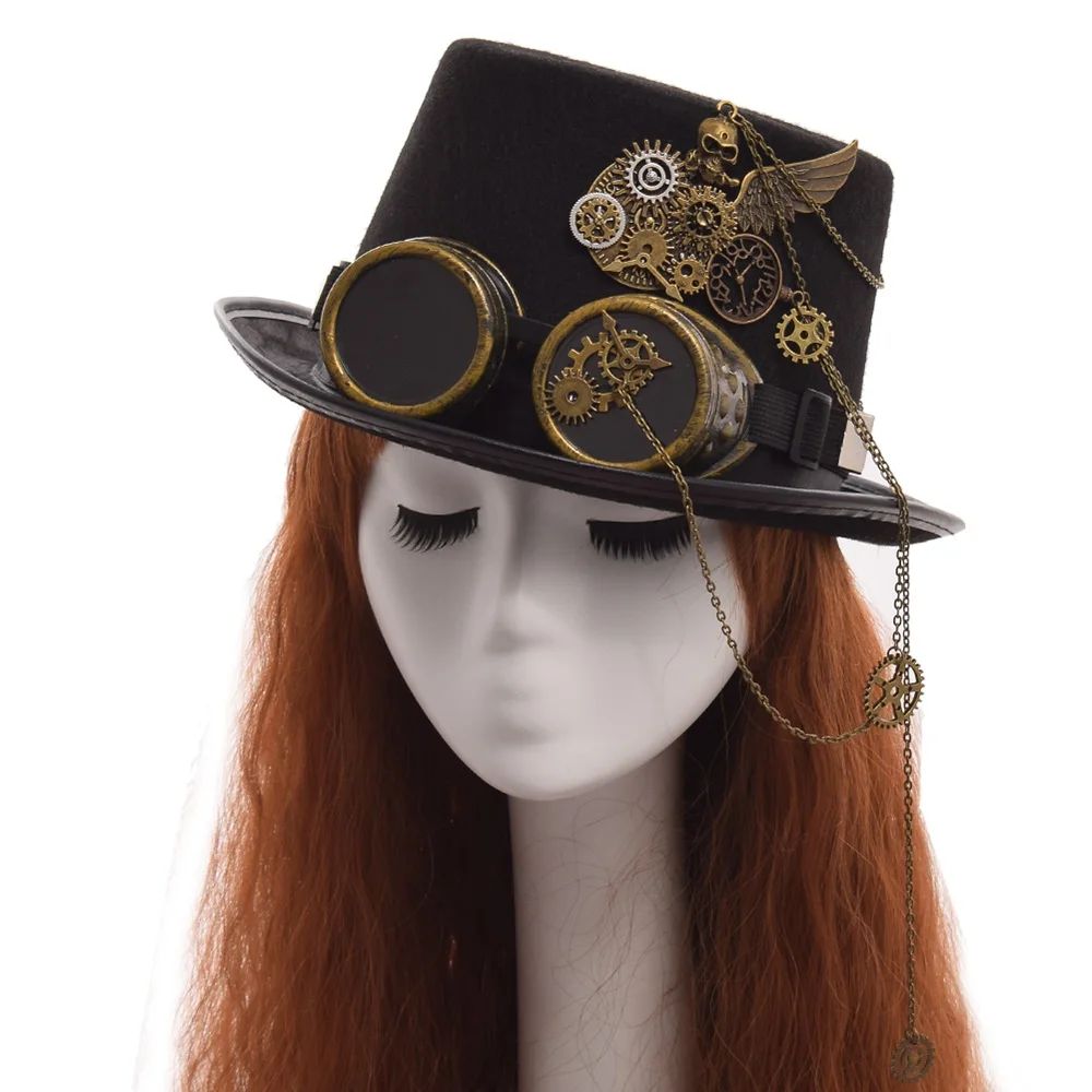 Goth Hat Goggles Vintage Men Top Hat Steampunk Skull Wings Black Party Hat