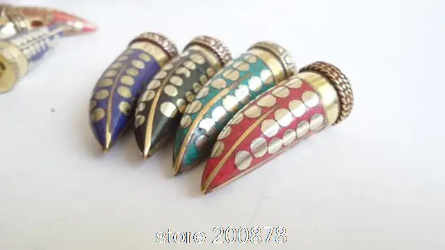 TBP645 Tibetan Brass Capped Stone Golden Fangs Amulet Pendants for Man Multi Colors