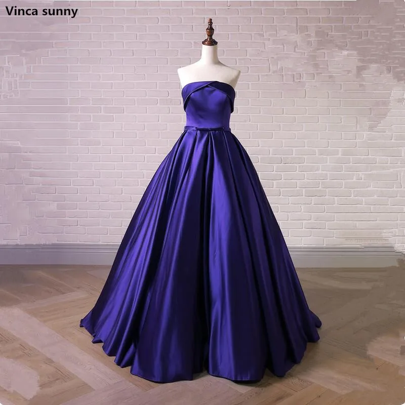 

Cheap Blue Satin Evening Dresses Strapless Sleeveless A-line Prom Gowns Sweep Train Vestido De Festa Women Formal Party Dress