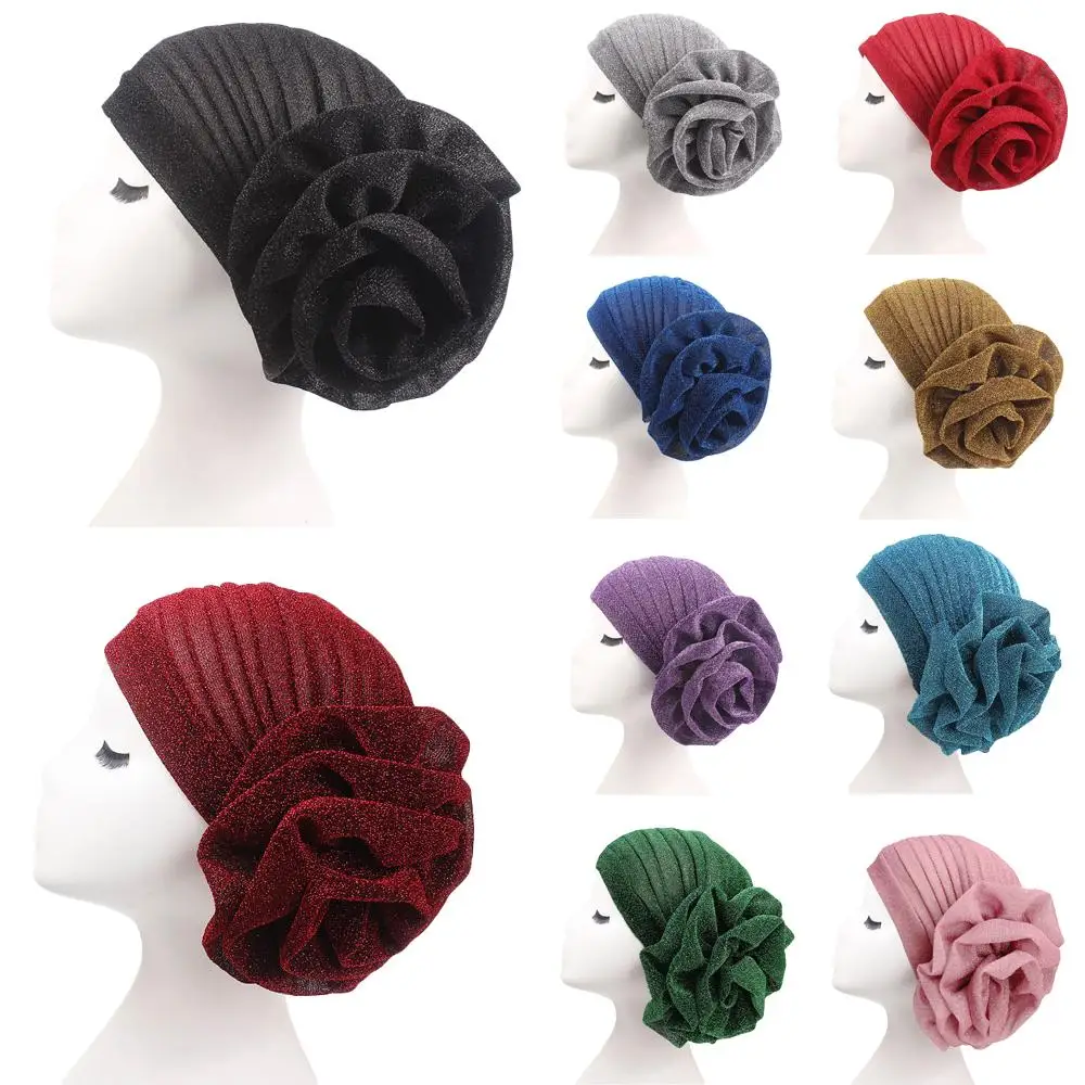 Muslim Women Turban Indian Beanies Hat Flower Stretch Arab Hat Head Scarf Wrap Chemo Caps Cover Bonnet Glitter Headwear Fashion