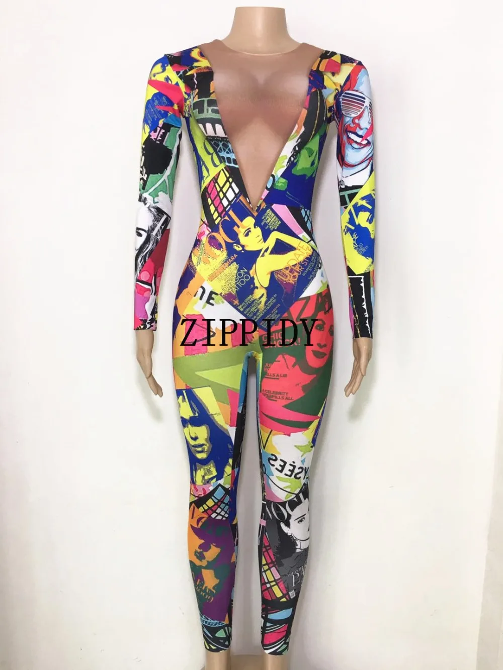 Mode Kleurrijke Verven Spandex Jumpsuit Zangeres Stretch Bodysuit Een stuk Stretch vrouwen Verjaardagsfeestje Podium Outfit