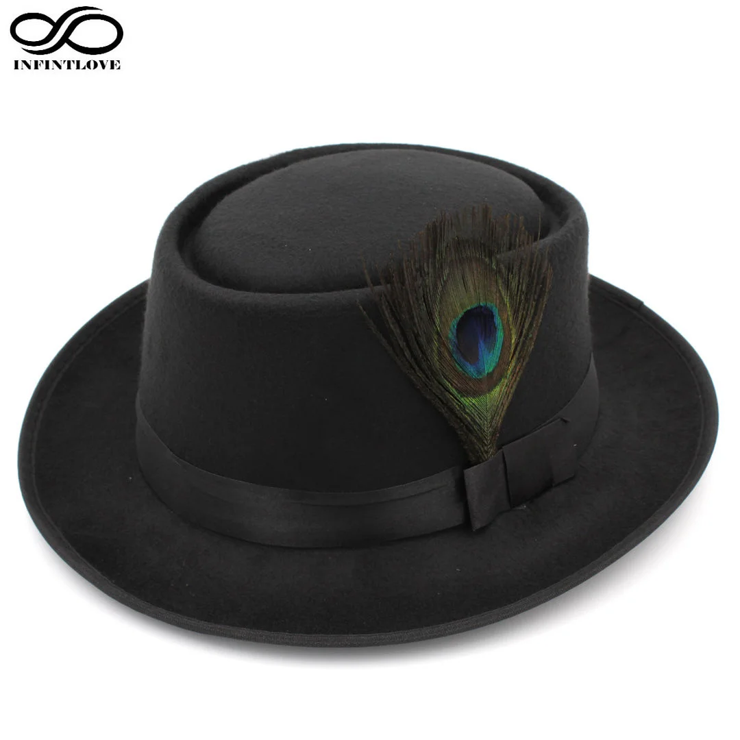 LUCKYLIANJI Unisex Retro Vintage Wool Felt Pork Pie Porkpie Hat Cap Oval Short Brim Peacock Feather Band (One Size:7 1/4 58cm)