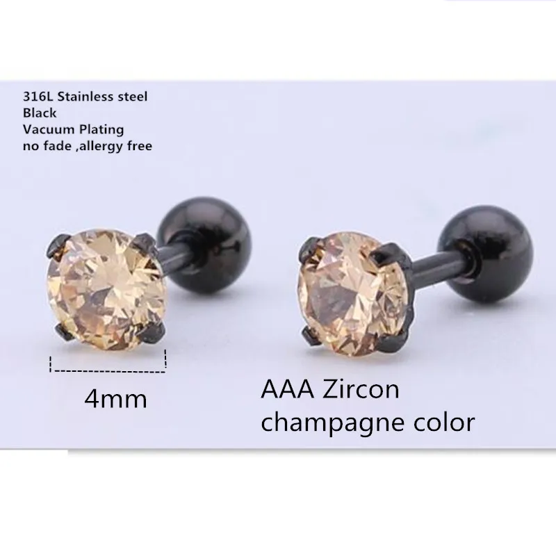 Titanium 316L Stainless Steel Screw Stud Earrings Black Plated With 4mm Champagne AAA Zircon No Fade Allergy Free