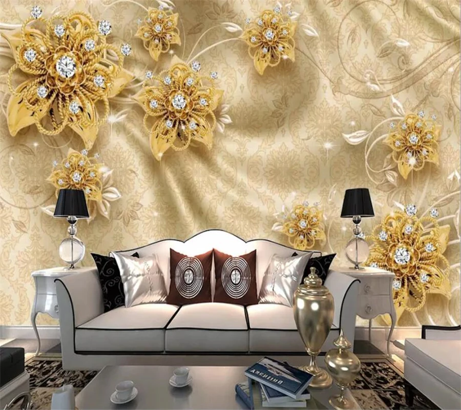 

wellyu papel de parede 3d custom wallpaper 3D embossed golden jewels rose pattern TV background wall papel pintado tapety