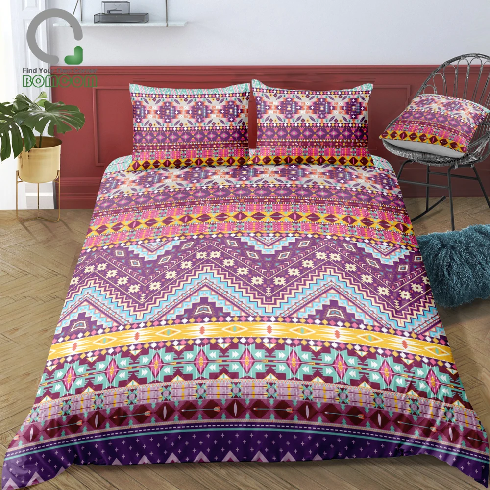 

Bomcom 3D Bedding set Boho Chic Design Bohemian Striped Tribal Style Geometric Aztec Duvet cover set 100% Microfiber Purple