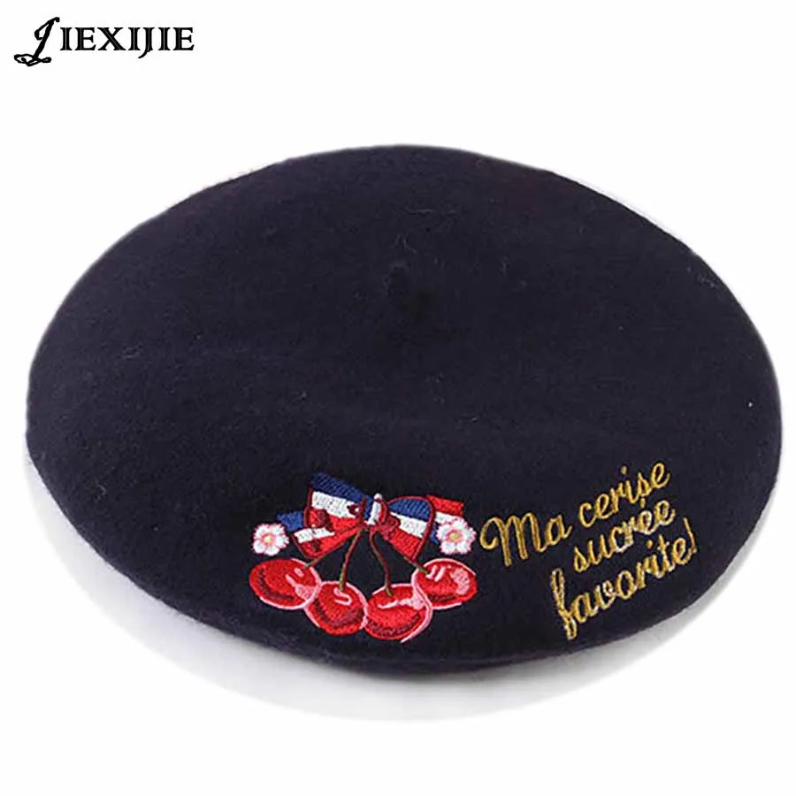 Japanese 100% wool pattern vintage hat moon cherry embroidery Princess lolita College sweet lady painter lovely Winter warm hats