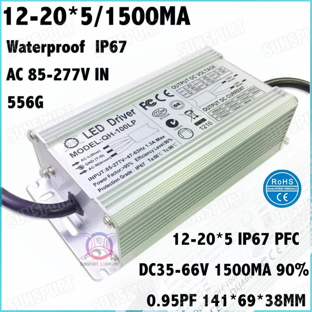 2 Pcs High PFC IP67 100W AC85-277V LED Driver 12-20Cx5B 1500mA DC35-66V Constant Current LED Power For Spotlights Free Shipping