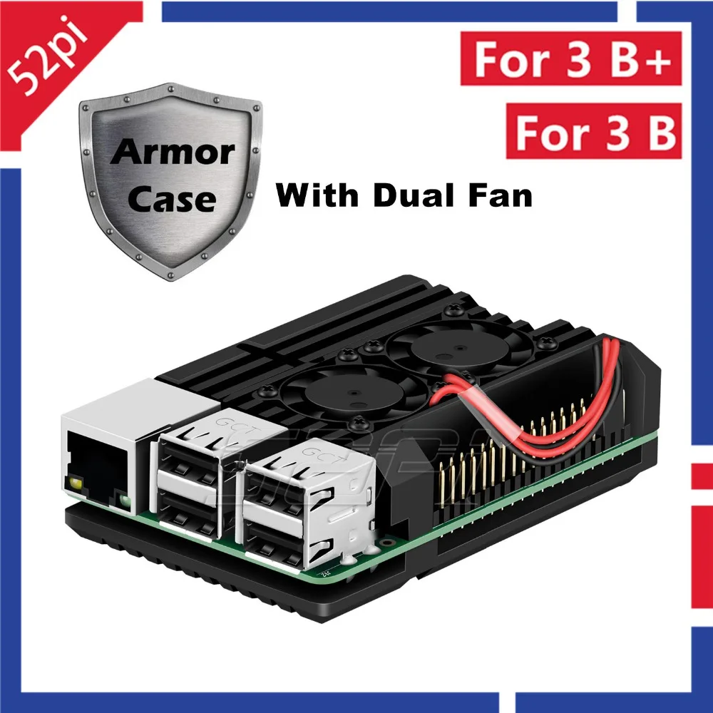 

52Pi Raspberry Armor Case Aluminium Alloy Metal Case With Dual Fan Cooling Heatsink for Raspberry Pi 3B Plus (3 B+) / 3 Model B