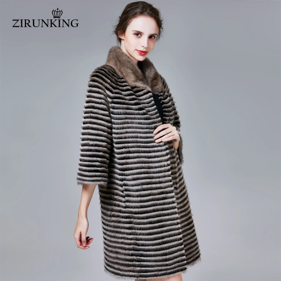 ZIRUNKING Classic Real Mink Fur Coat Female Long Natural Knitted Stripe Parka Autumn Warm Slim Shuba Fashion Clothing ZC1706