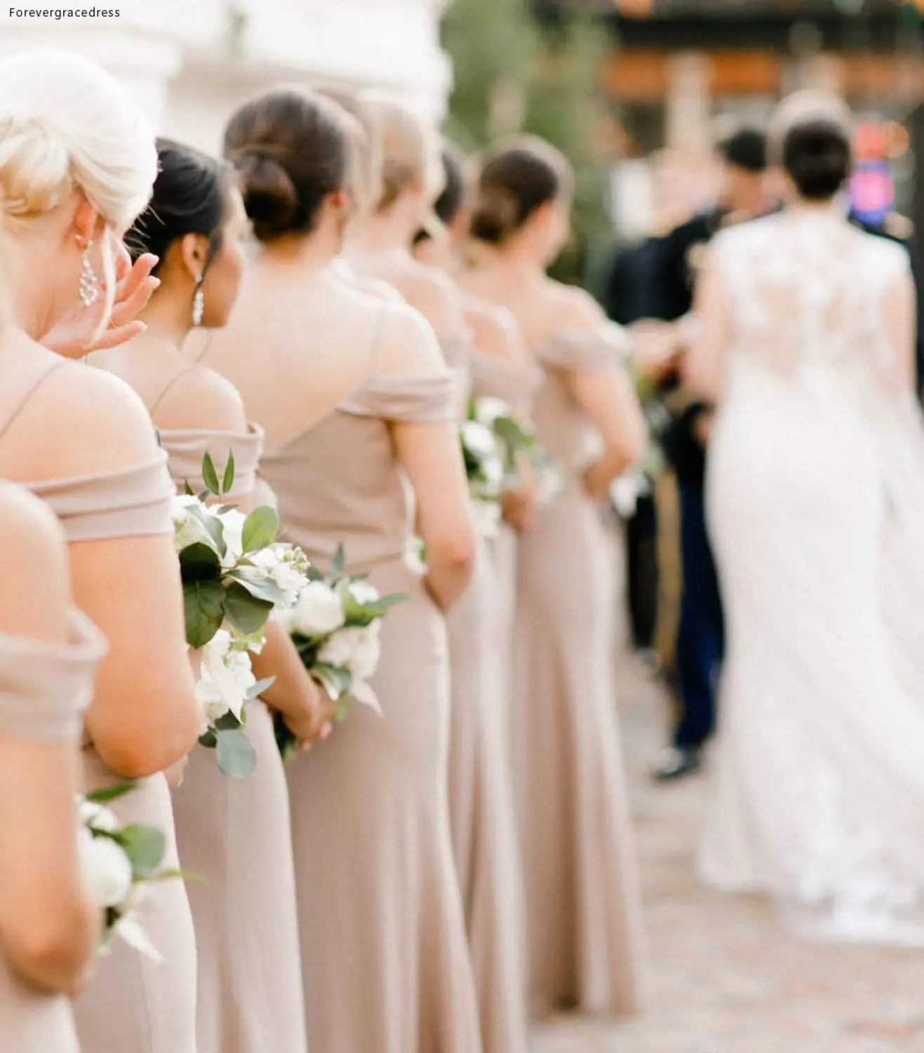 Vestido de dama de honra, barato, de alta qualidade, com ombro de fora, verão, país, jardim, formal, festa de casamento, convidado de honra, plus size