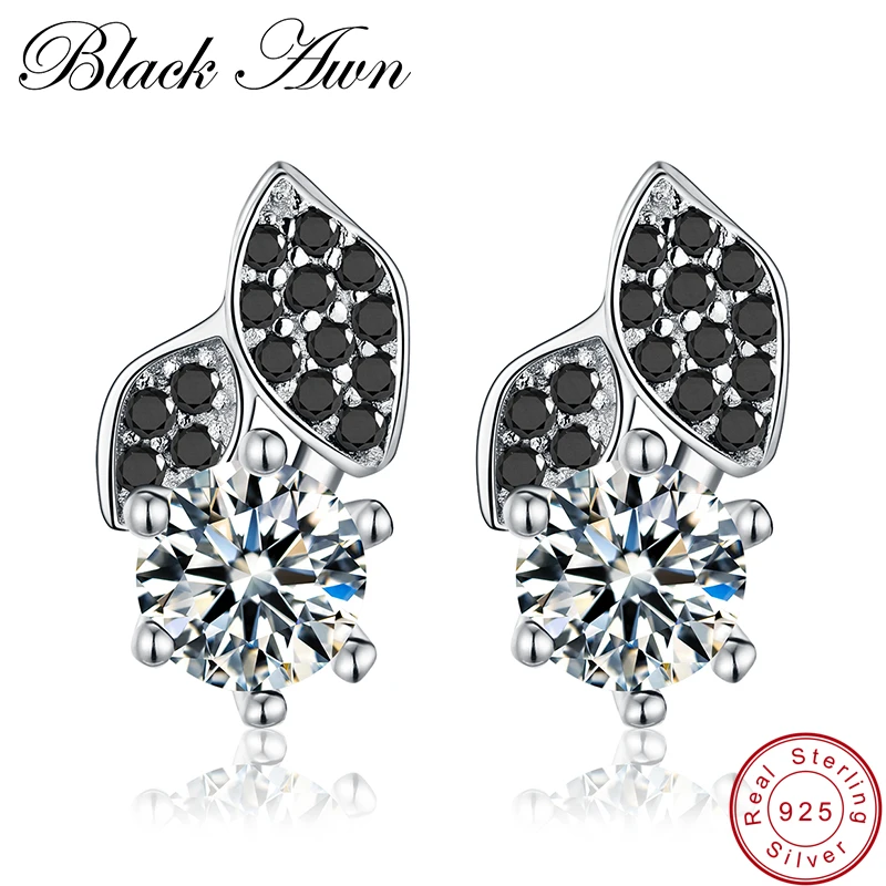 

[BLACK AWN]Cute Flower 1.8g 925 Sterling Silver Jewelry Stud Earrings for Women Female Black Spinel Stone Earring T137