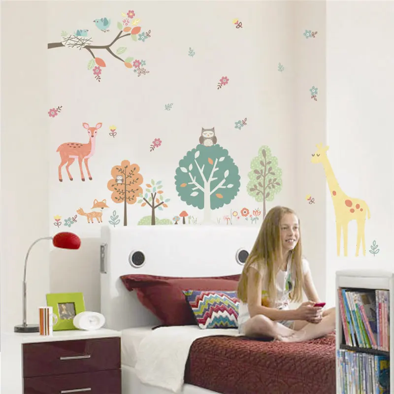 Lovely Animals Trees Wall Sticker For Kindergarten Kids Room Home Decoration Cartoon Giraffe Fox Deer Safari Mural Art Pvc Deca