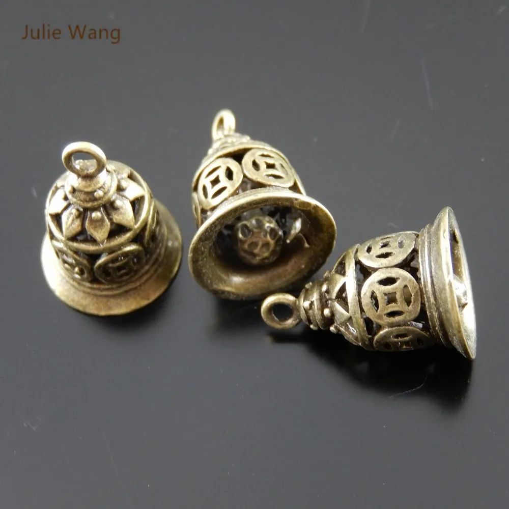 Julie Wang 5PCS Copper Bell Charms (No Sound) Antique Bronze Hollow Pendant Bracelet Handmade Fashion Jewelry Making Accessory