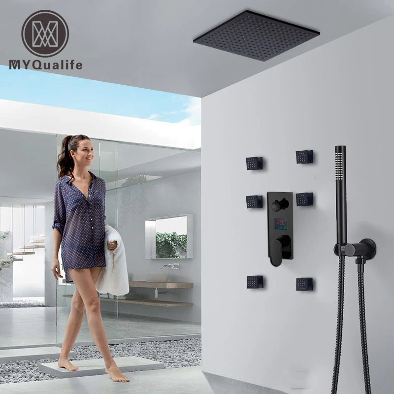 Matte Black Big Rainfall  Shower Faucet Set Single Lever Temperature Digital Display Concealed Shower Mixing Valve Tap