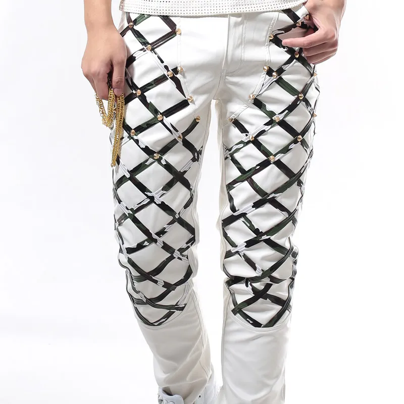 

Male PU Leather Trousers Fashion Red Black White Rivet Tight Pants Punk Hip-Hop Rock Singer DJ DS Stage Costume