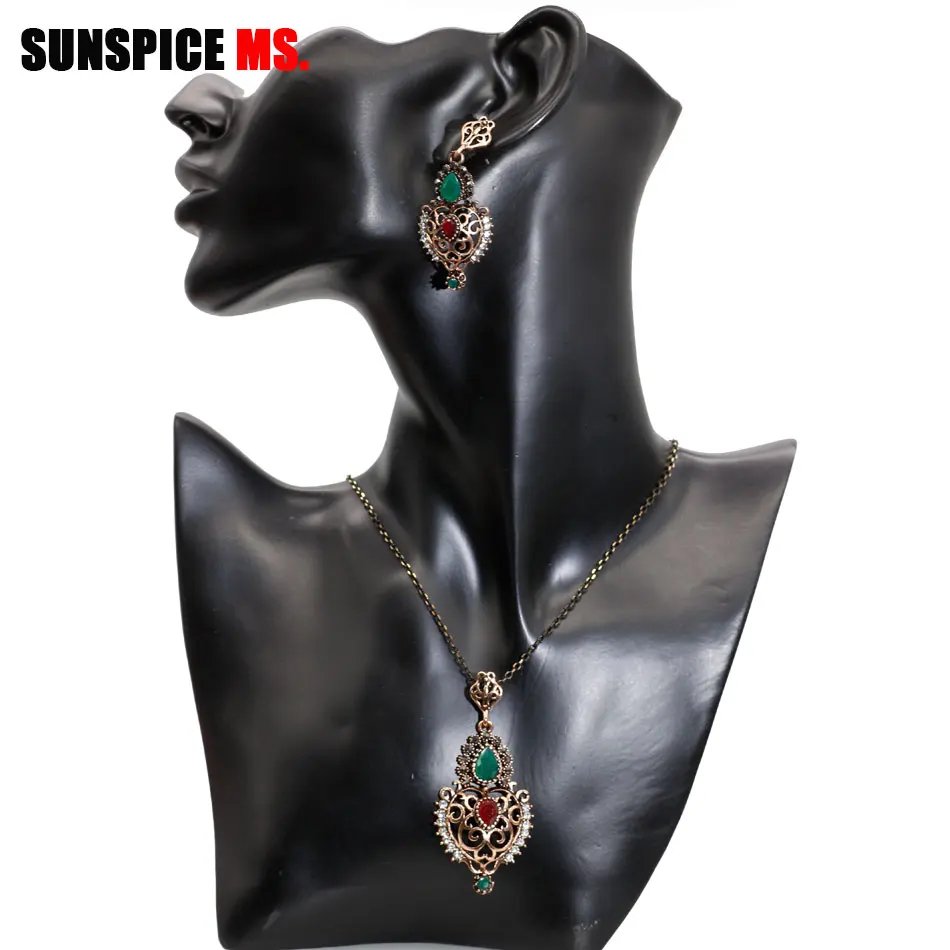 Sunspicems Antique Gold Color Turkish Women Flower Necklace Drop Earring Sets Metal Arabesque Arabic Ethnic Banquet Jewelry Gift