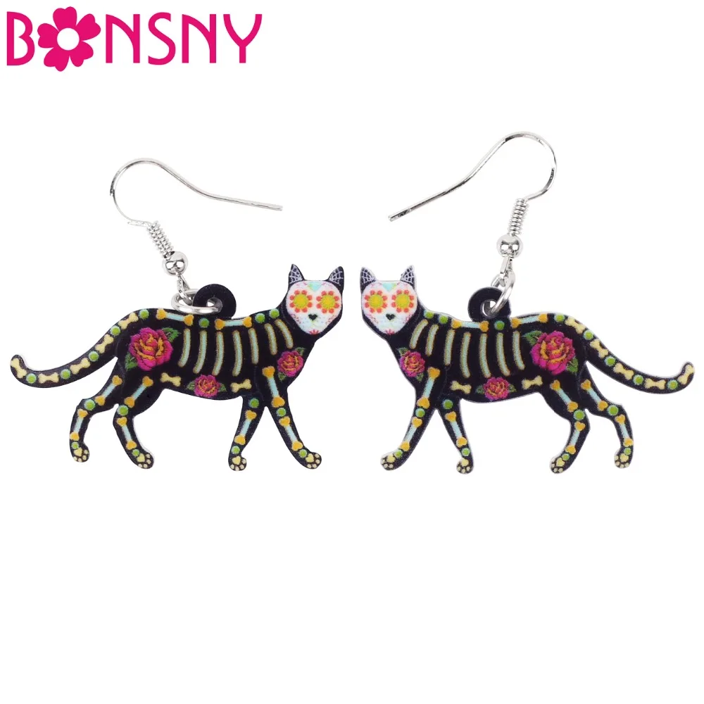 Bonsny Acrylic Halloween Floral Walking Cat Kitten Earrings Big Long Drop Dangle Novelty Jewelry For Girls Women Lady Kids Gift