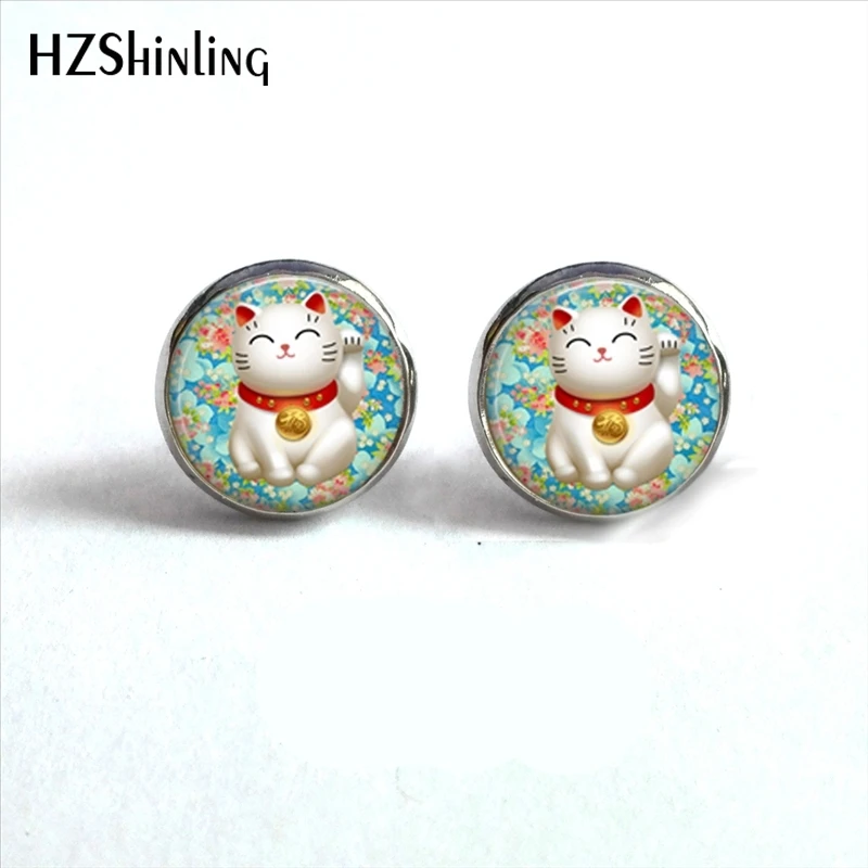 2017 New Arrival Lucky cats Stud Earrings Handmade Glass Dome Maneki Neko Good Luck Jewelry Japanese Art Earring HZ4