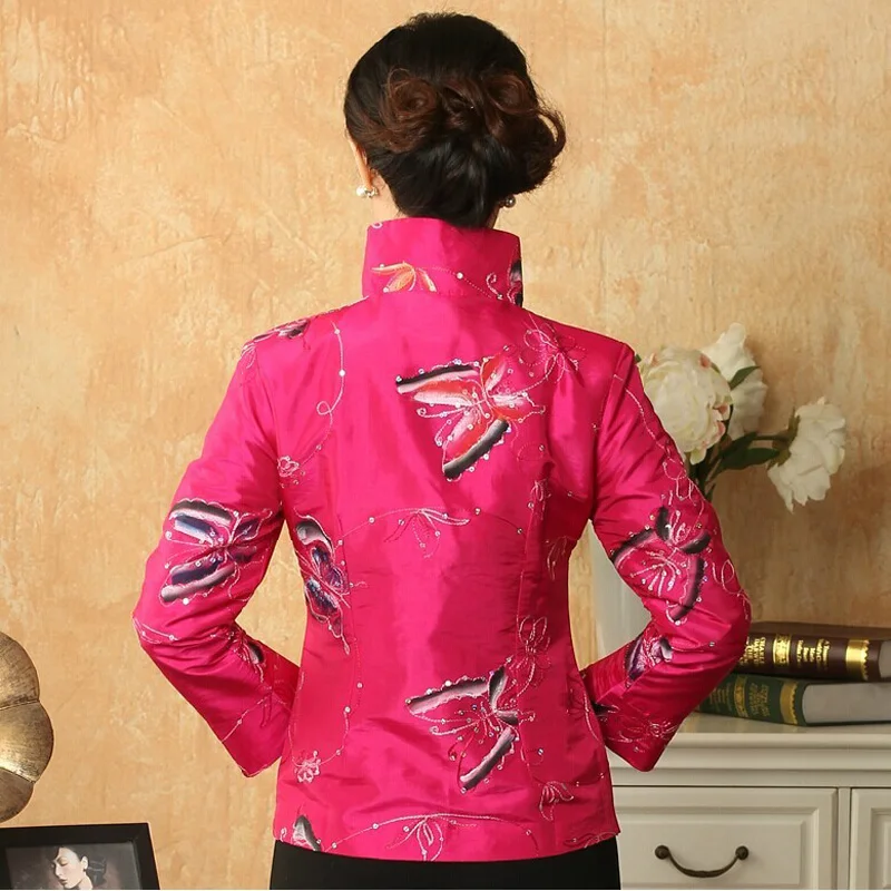 Novelty Clothes Rose red Women\'s Chinese Traditional Hand-painted Jacket Vintage Tang Suit Butterfly Pattern Coat Outerwear