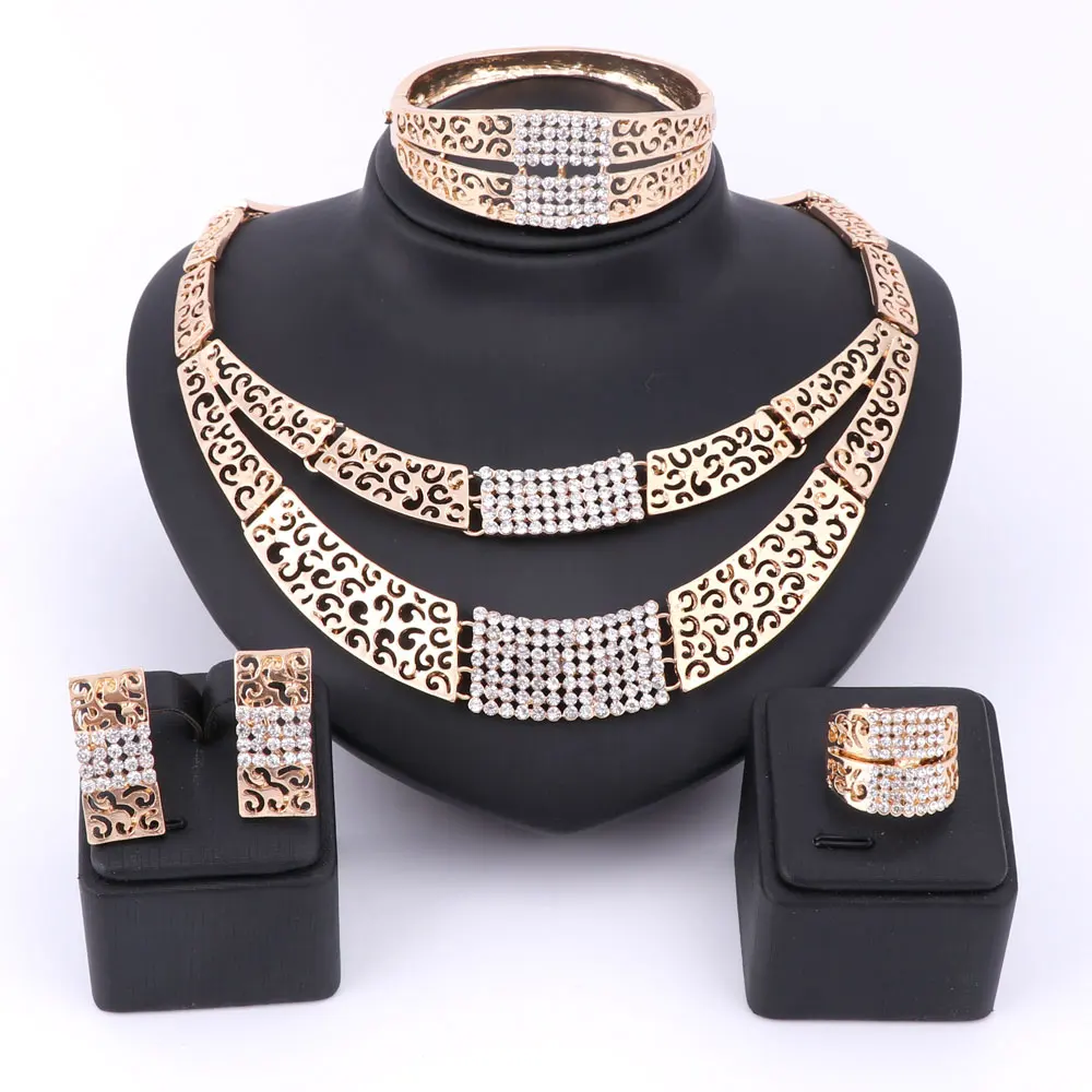 Women Dubai Gold Color Crystal Necklace Earrings Bangle Ring Jewelry Nigeria Bride Wedding Party Gifts Jewelry Set