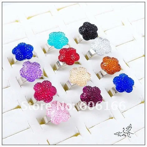 Wholesale 100pc Flower Shape Design Multicolor Resin Ring Size Resizable Alloy Rings Girl's Costume Fashion Jewelry