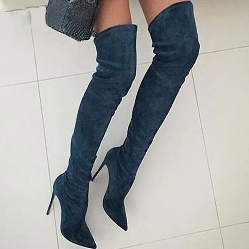 

Sapato feminino thigh high stretch boots high heel black ladies shoes boots leather stockings over the knee shoes woman big Size