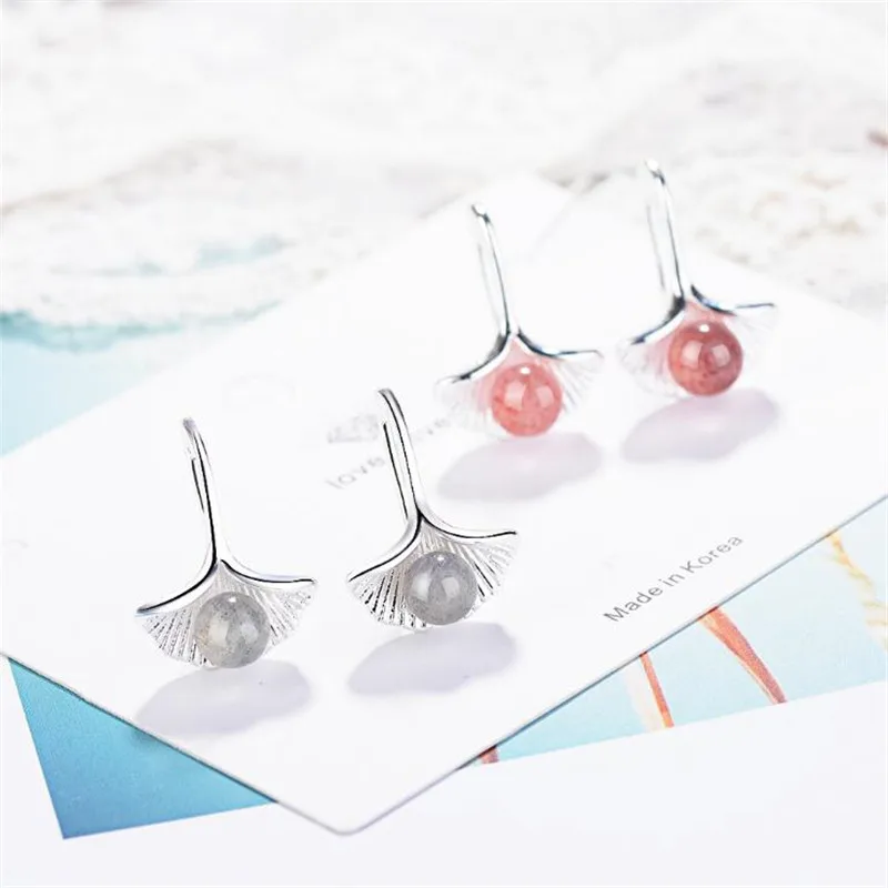 New Natural Creative Ginkgo Biloba Strawberry Crystal 925 Sterling Silver Jewelry Pink Ear Hook Design Dangle Earrings E210