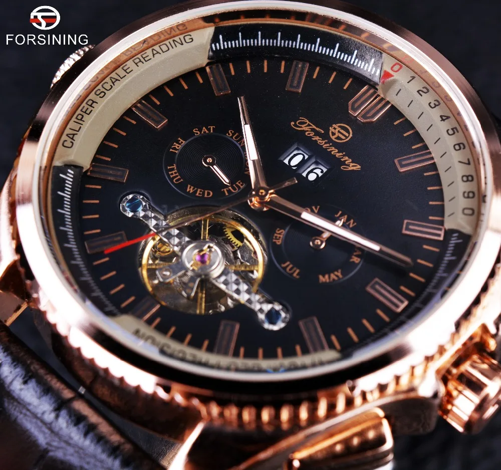 

Forsining Rose Golden Calendar Display Tourbillon Stylish Design Gear Bezel Men Watch Top Brand Luxury Automatic Watch Clock Men